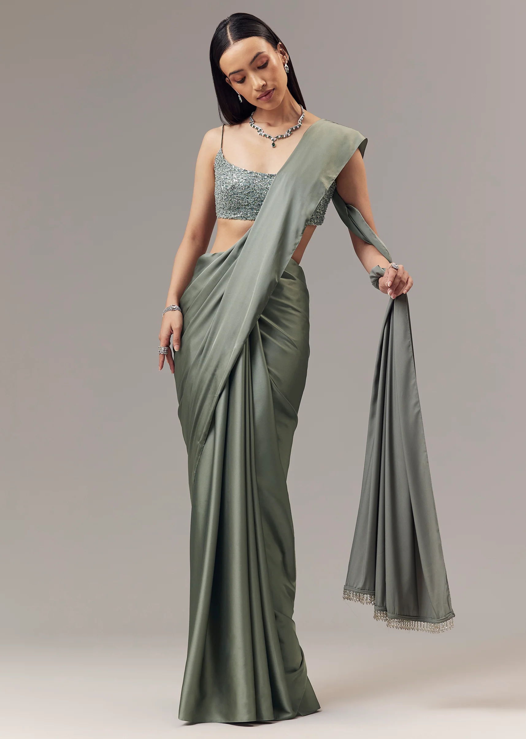 Green Satin Blend Saree With Cut Dana And Sequin Embellished Blouse
