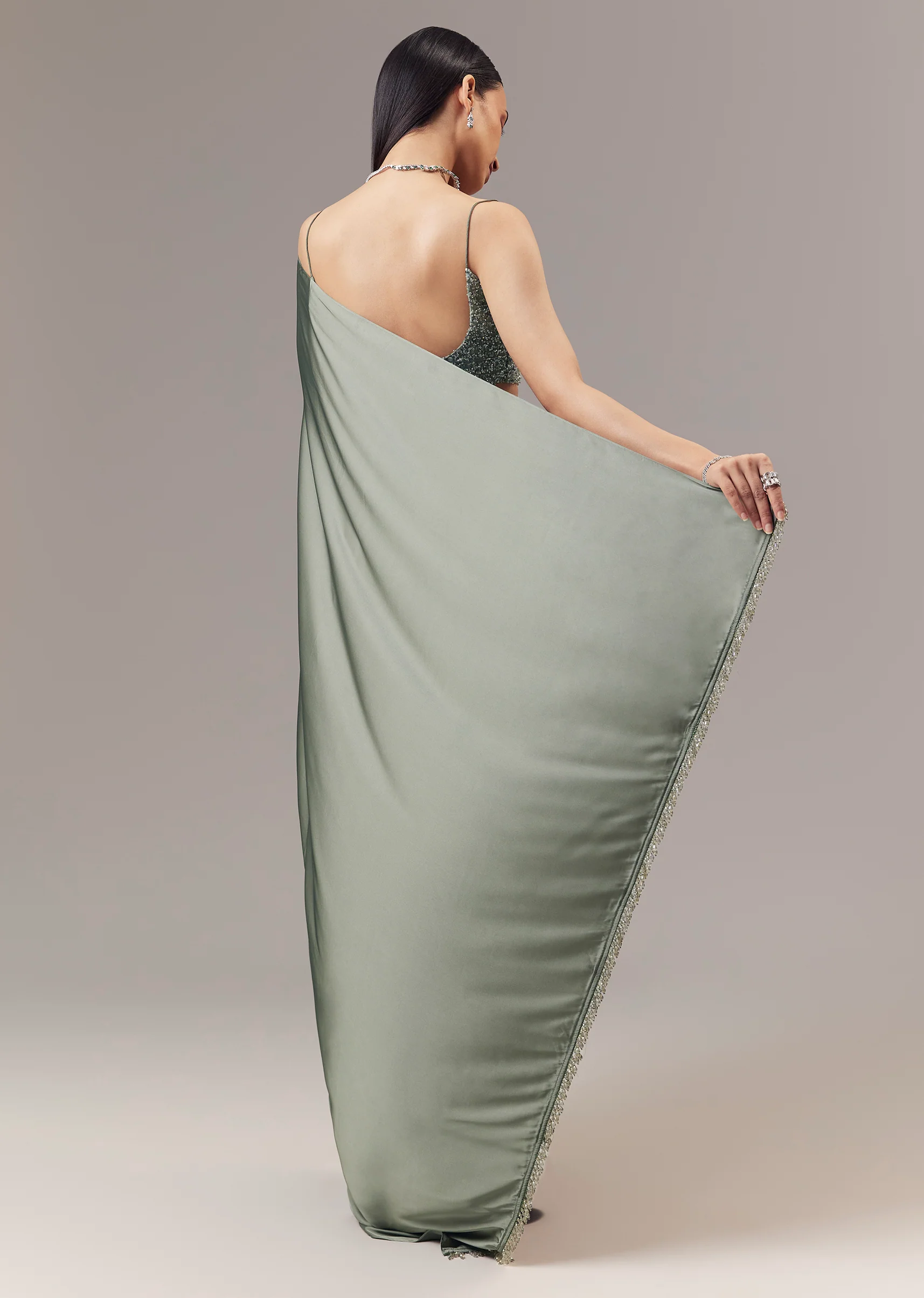 Green Satin Blend Saree With Cut Dana And Sequin Embellished Blouse