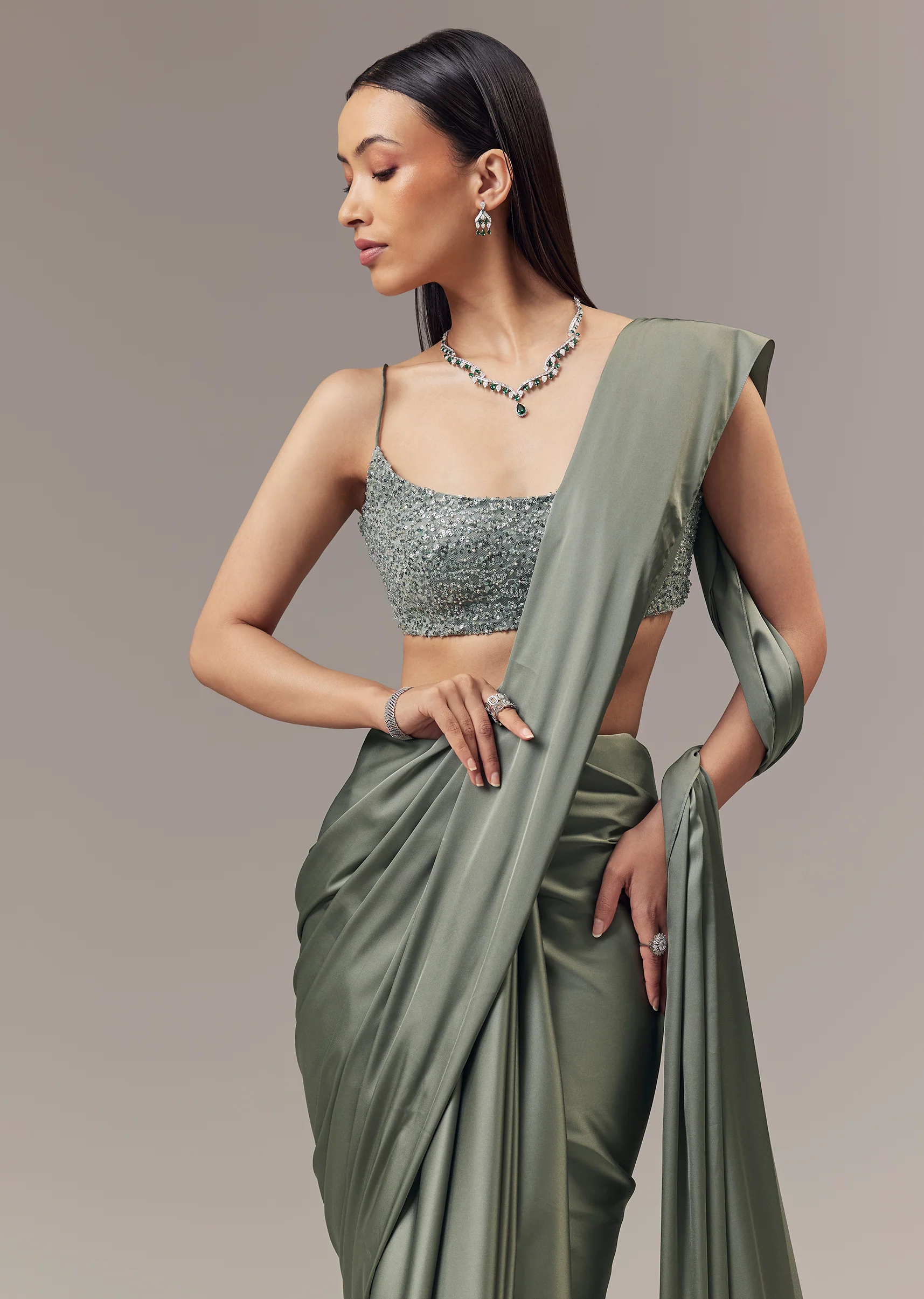 Green Satin Blend Saree With Cut Dana And Sequin Embellished Blouse