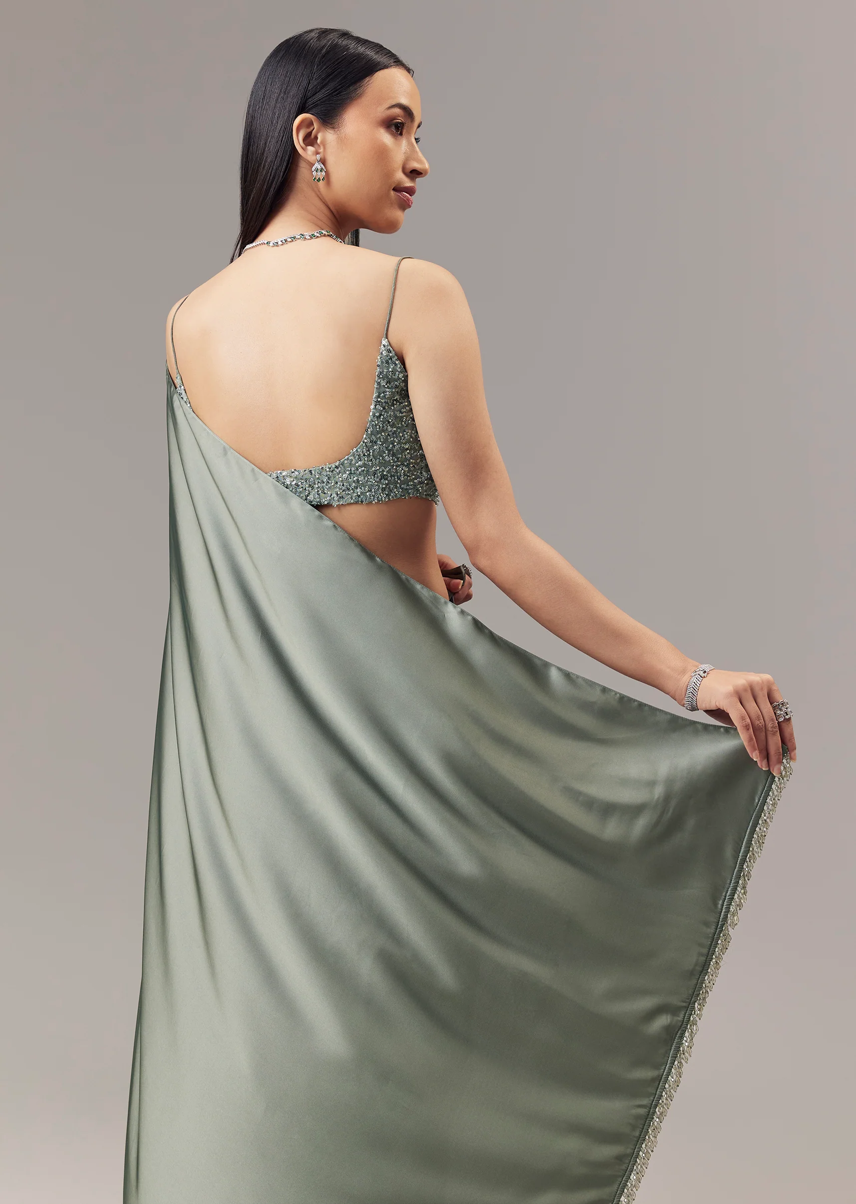 Green Satin Blend Saree With Cut Dana And Sequin Embellished Blouse