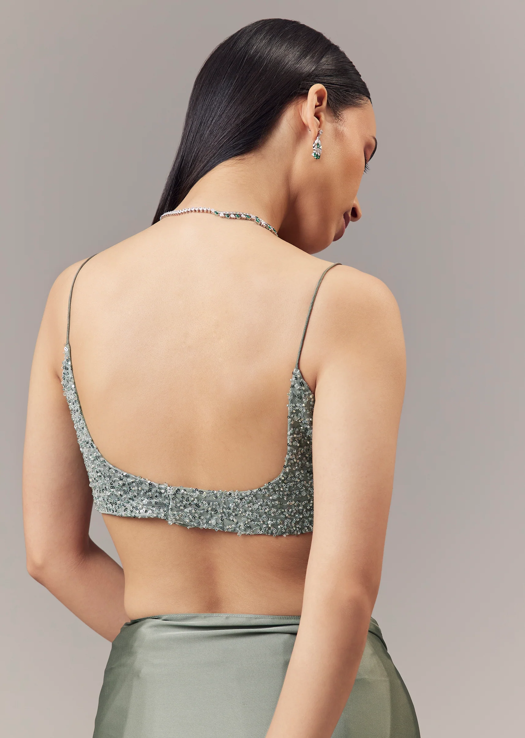 Green Satin Blend Saree With Cut Dana And Sequin Embellished Blouse