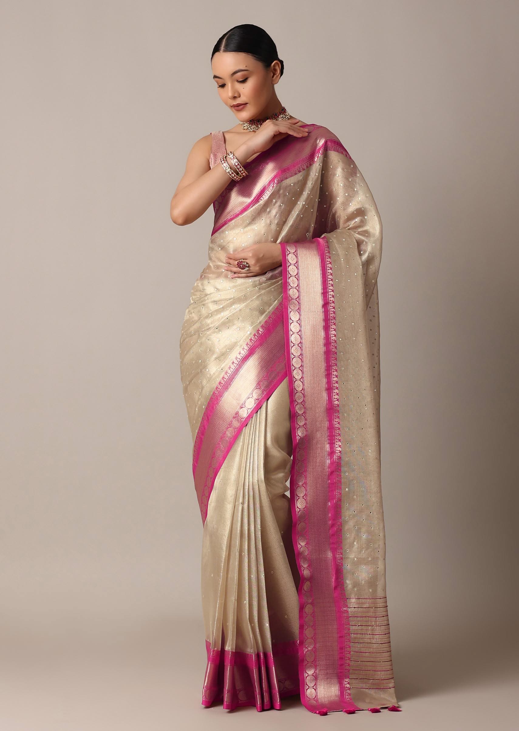 2950-gold-kota-silk-chanderi-saree-with-mirror-detail-and-unstitched-blouse-piece-1.jpg Gold Kota Silk Chanderi Saree With Mirror Detail And Unstitched Blouse Piece