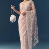 Pink Net Jaal Resham Saree with Unstitched Blouse
