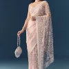 Pink Net Jaal Resham Saree with Unstitched Blouse