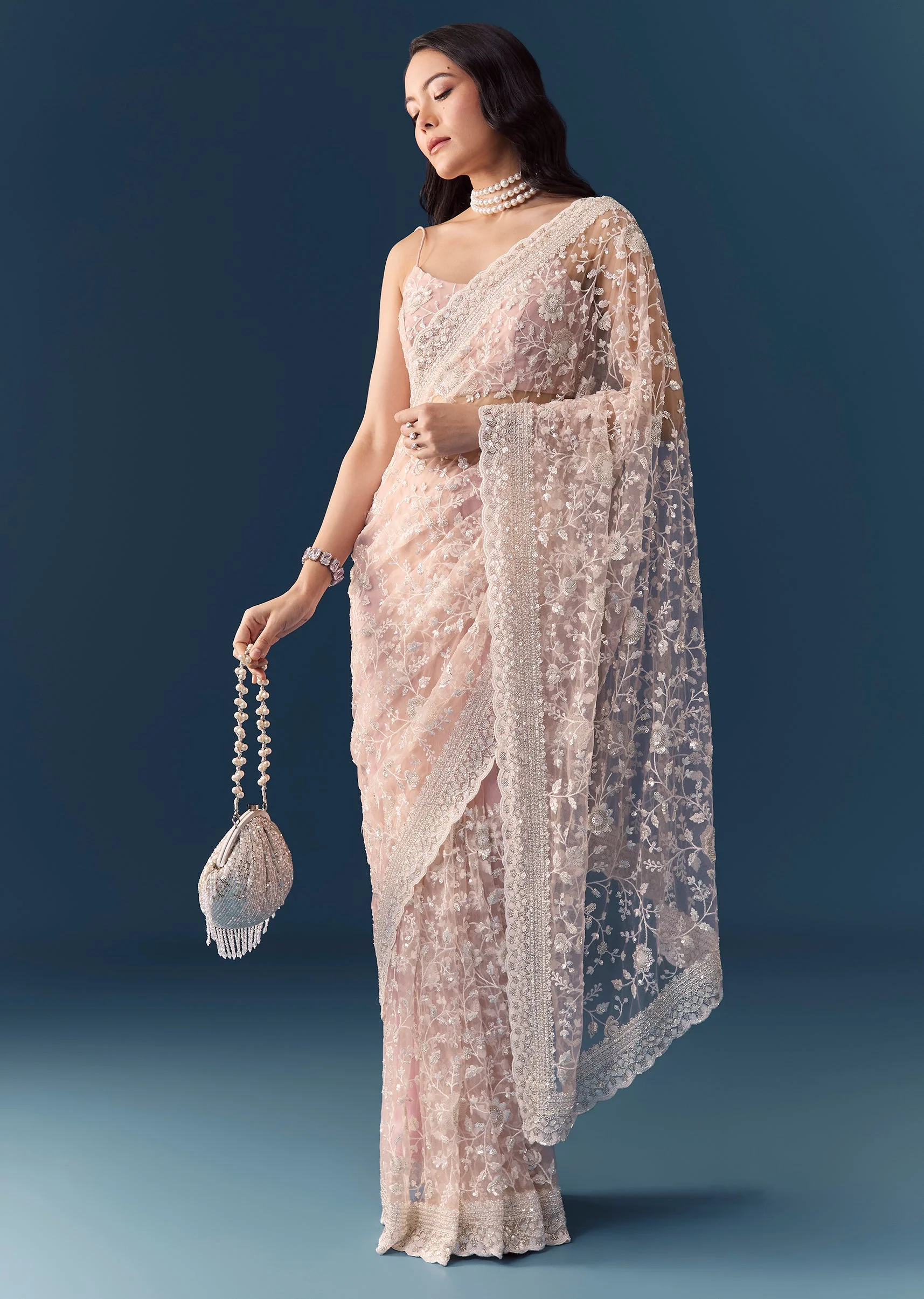 Pink Net Jaal Resham Saree with Unstitched Blouse