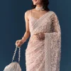 Pink Net Jaal Resham Saree with Unstitched Blouse