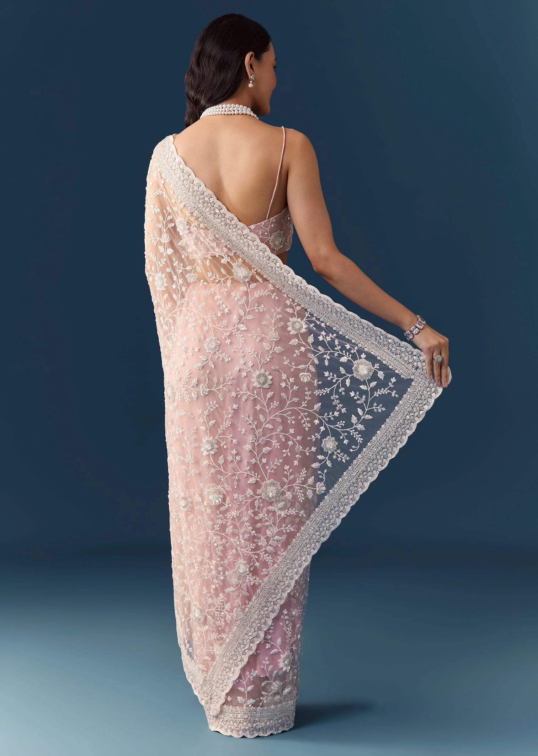 Pink Net Jaal Resham Saree with Unstitched Blouse