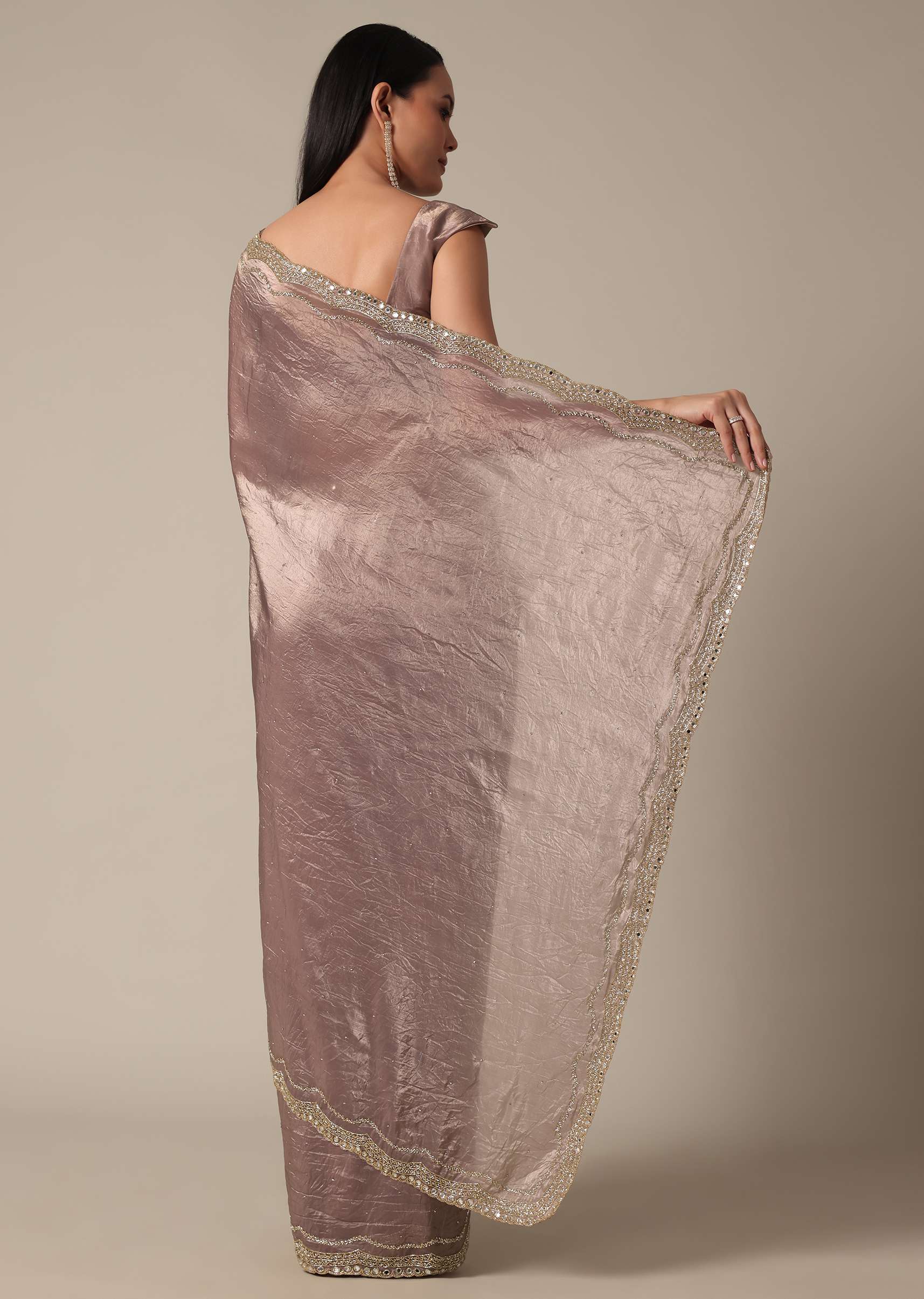 Elegant Brown Saree With Mirror and Stone Work