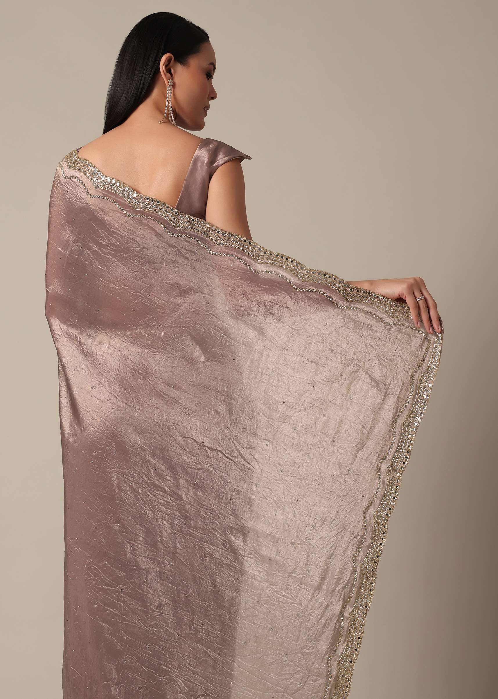 Elegant Brown Saree With Mirror and Stone Work