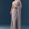 Grey Linear Hand Embellished Saree with Unstitched Blouse
