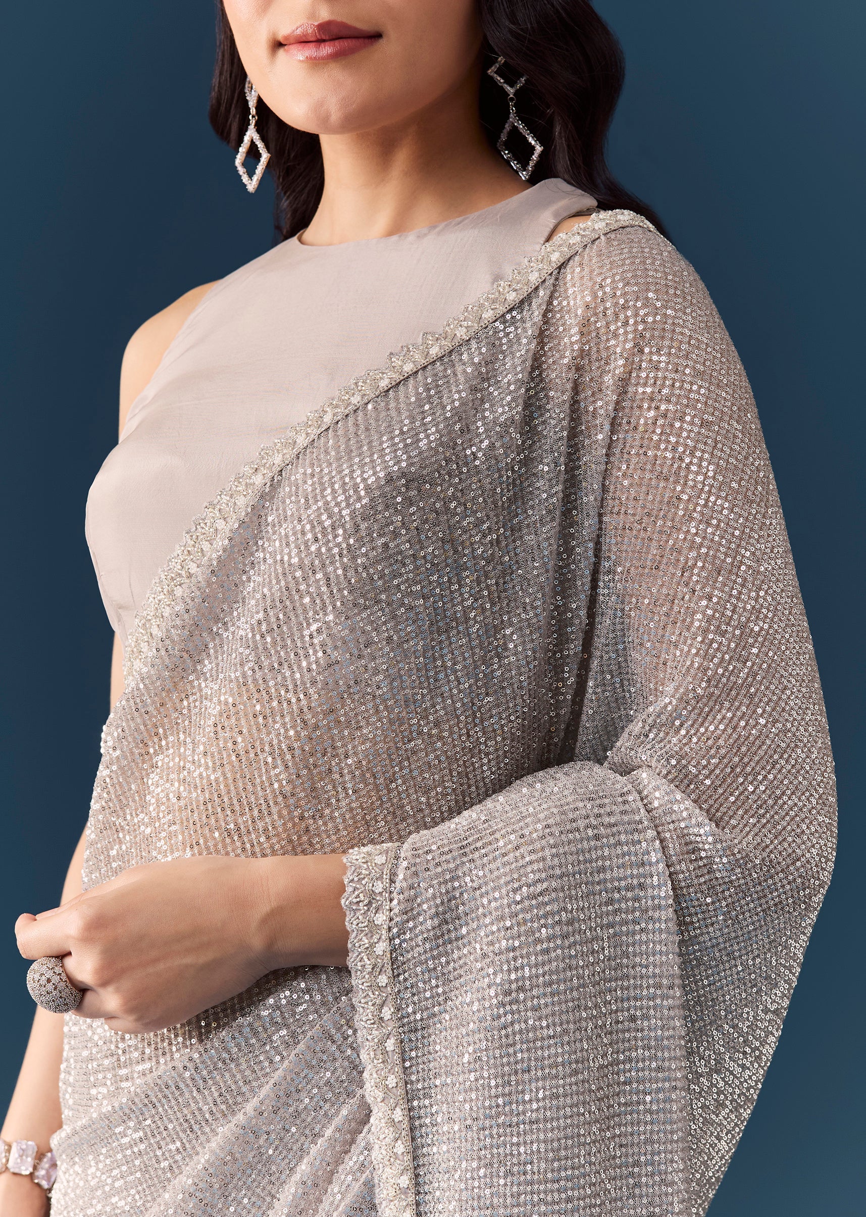 Grey Linear Hand Embellished Saree with Unstitched Blouse