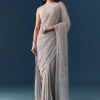 Grey Linear Hand Embellished Saree with Unstitched Blouse