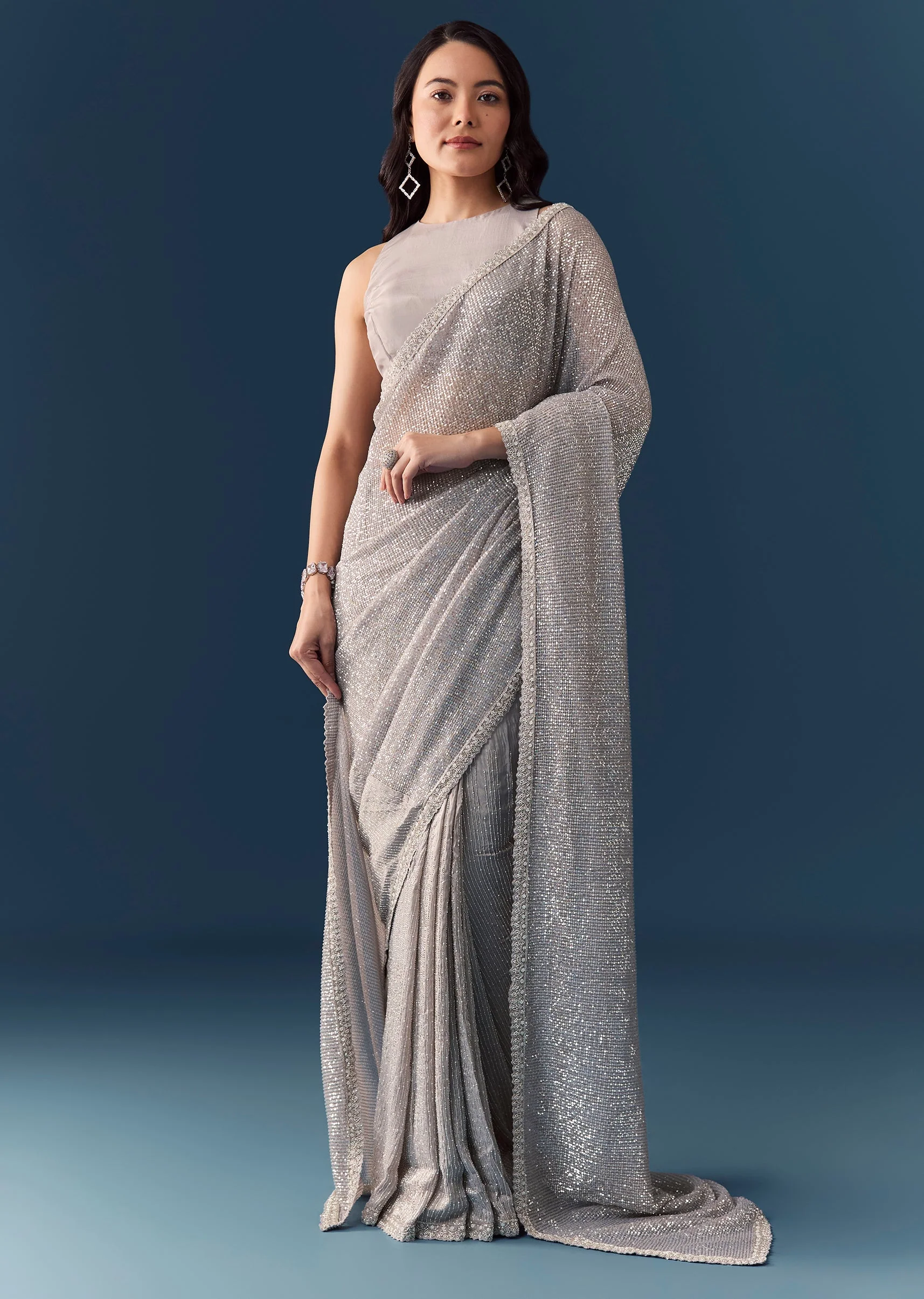 Grey Linear Hand Embellished Saree with Unstitched Blouse