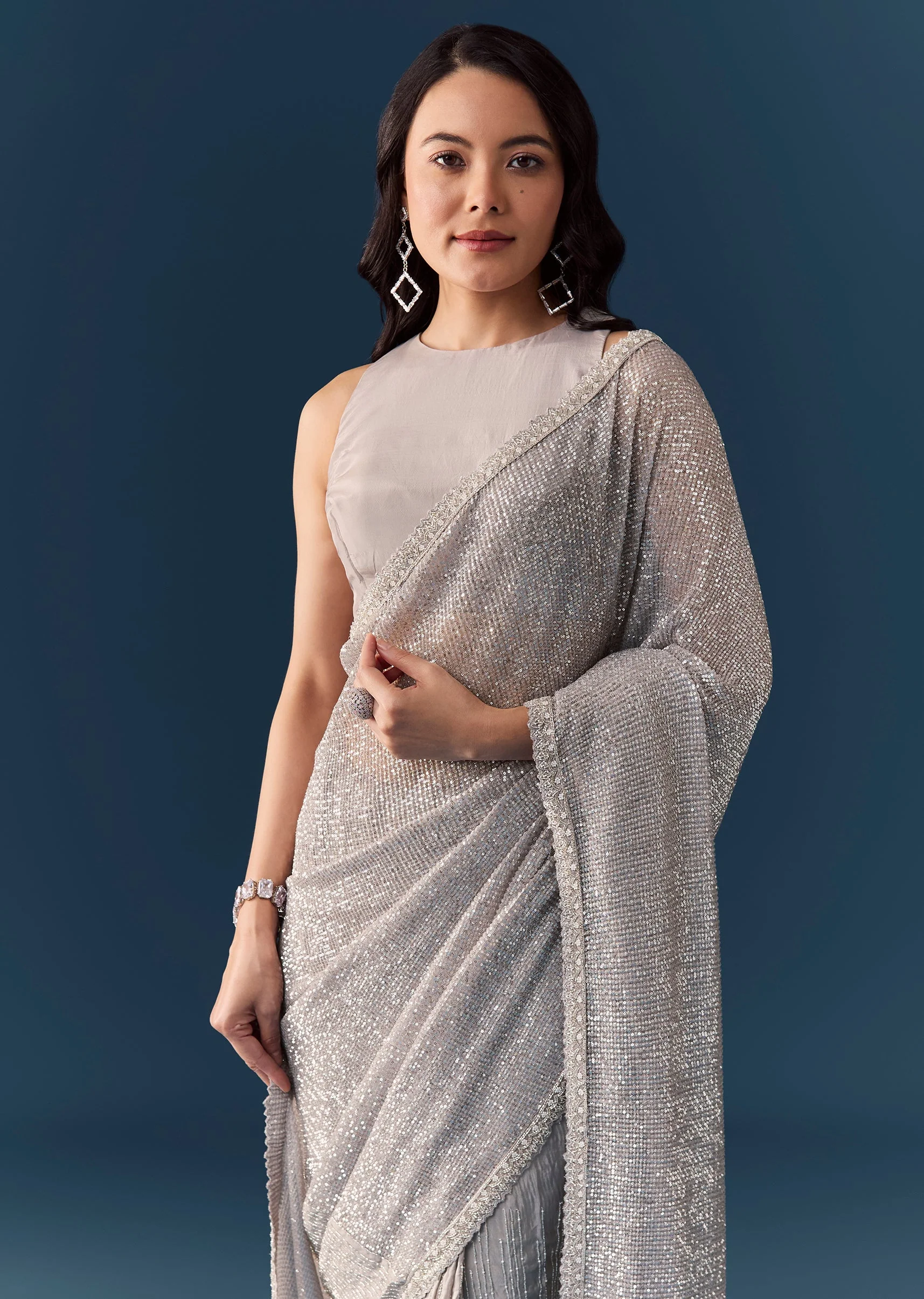 Grey Linear Hand Embellished Saree with Unstitched Blouse
