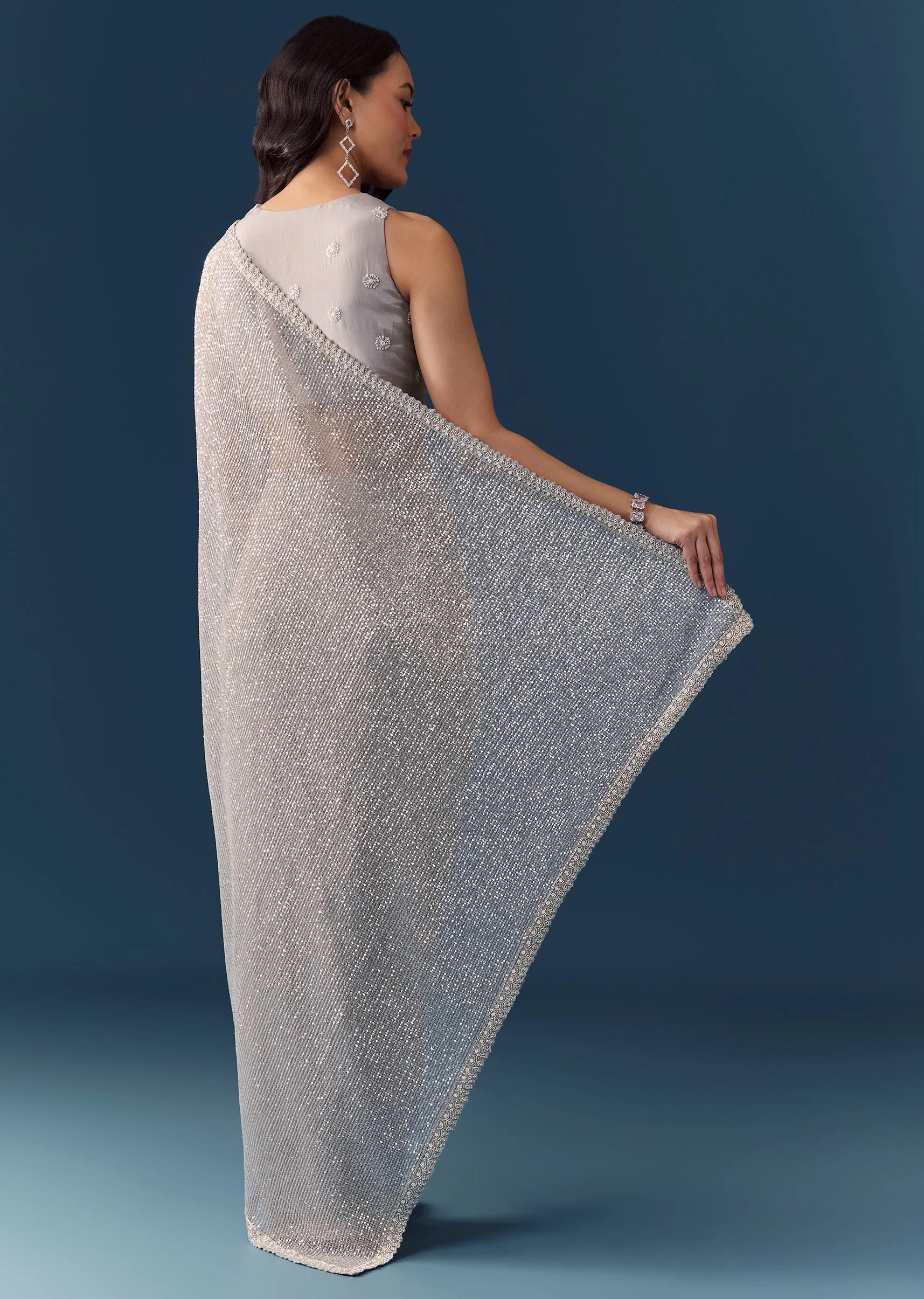 Grey Linear Hand Embellished Saree with Unstitched Blouse