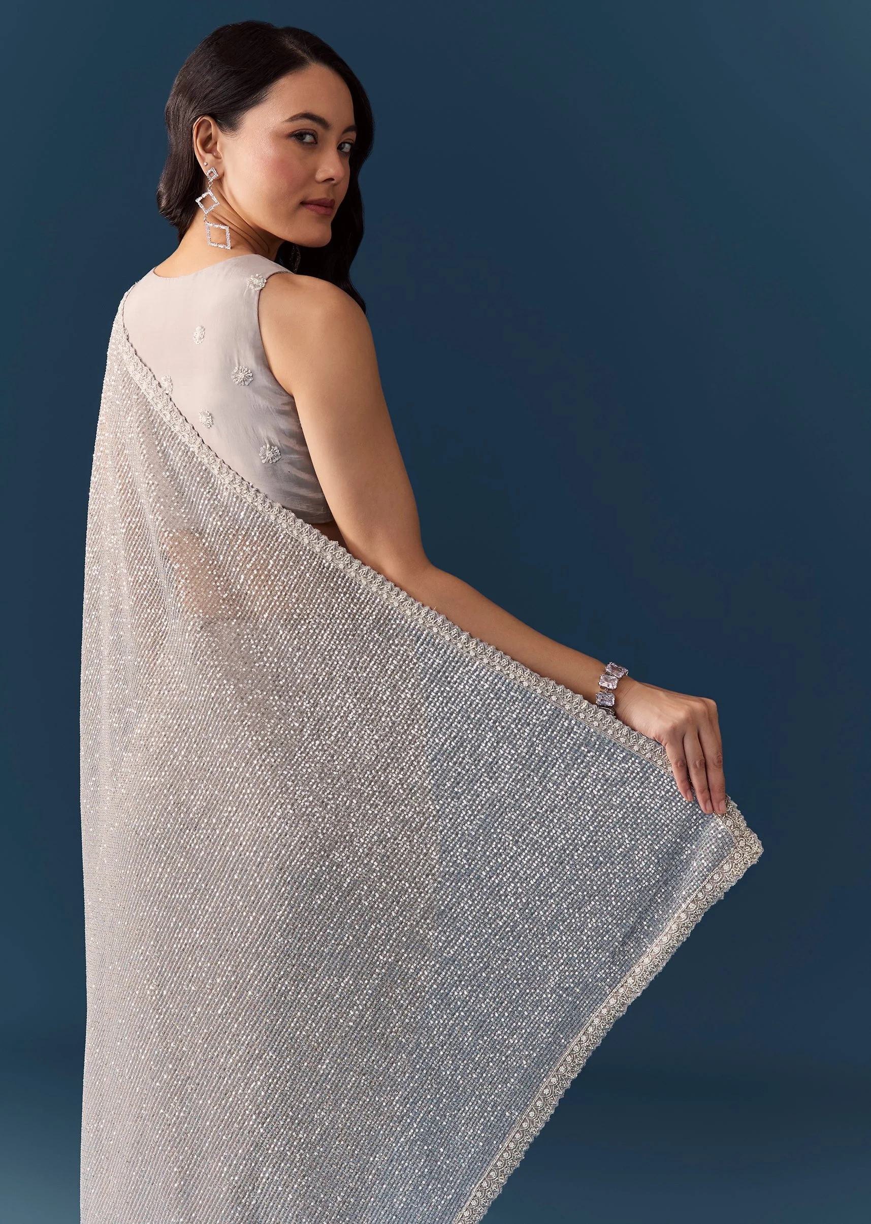 Grey Linear Hand Embellished Saree with Unstitched Blouse