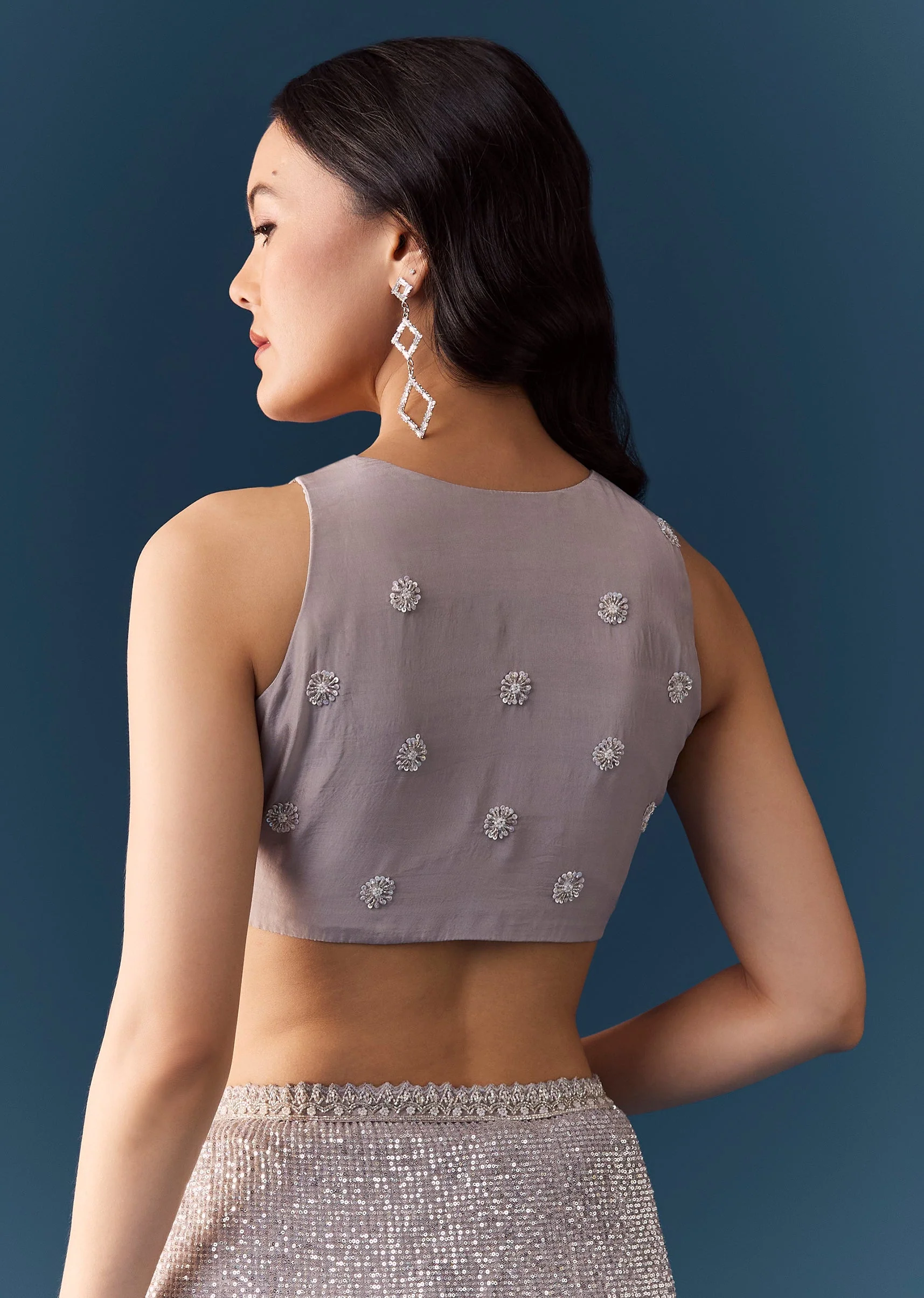 Grey Linear Hand Embellished Saree with Unstitched Blouse