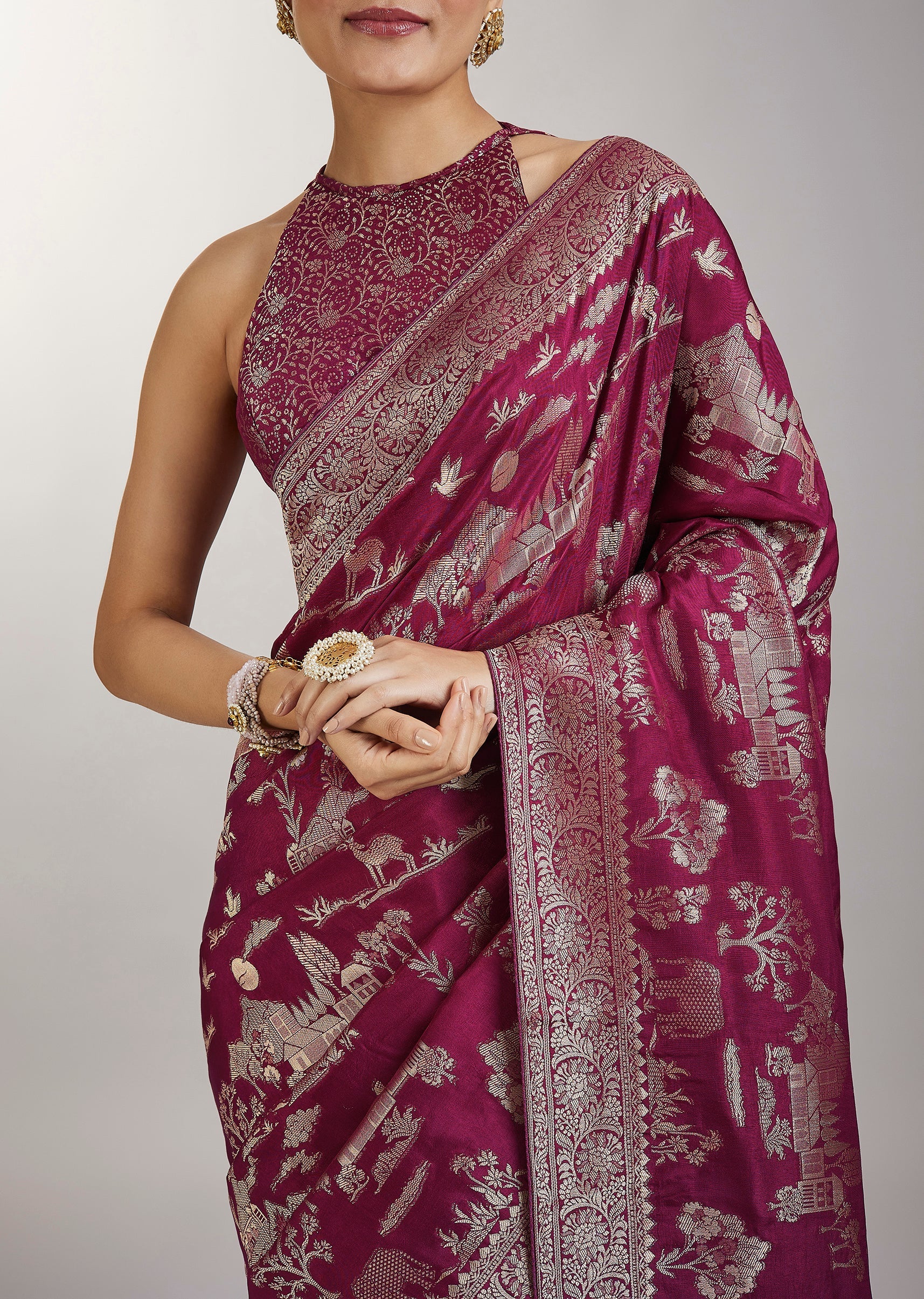 Wine Dola Silk Jungla Jaal Saree