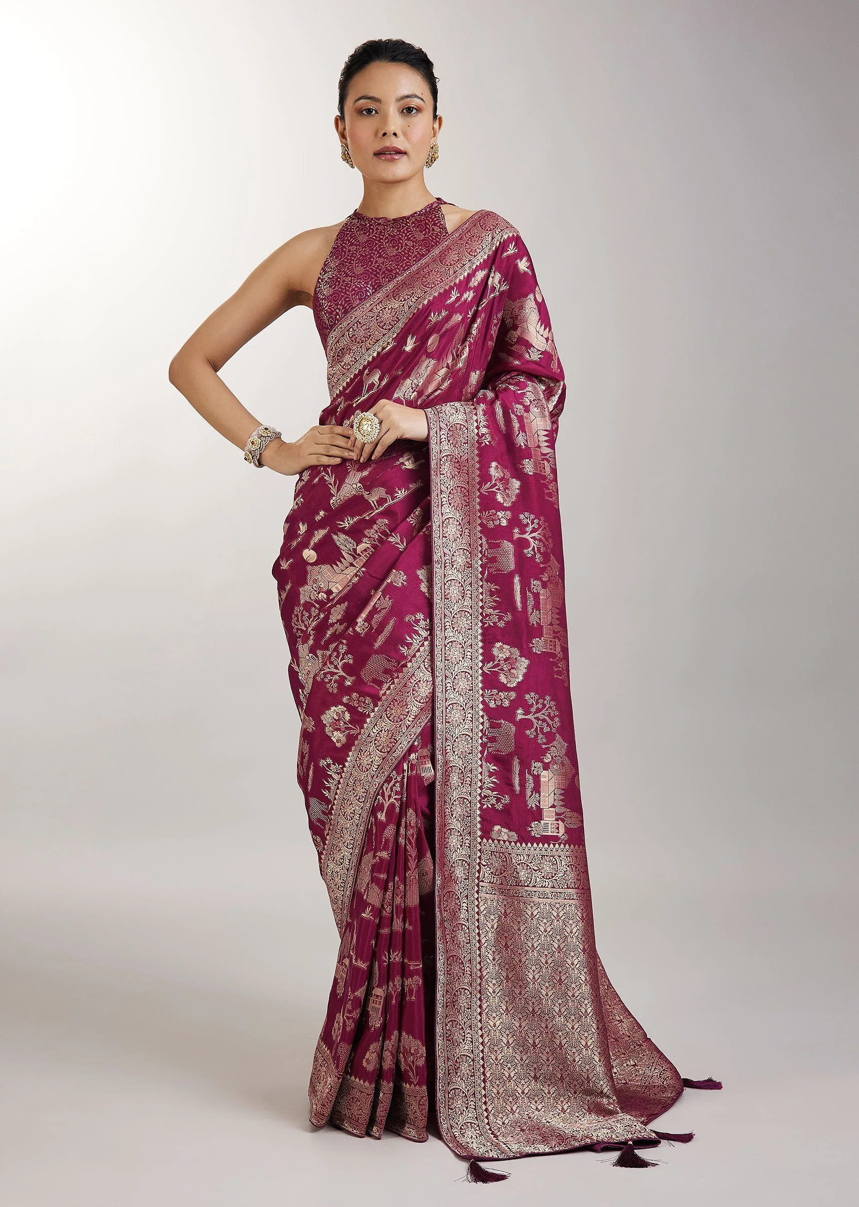 Wine Dola Silk Jungla Jaal Saree