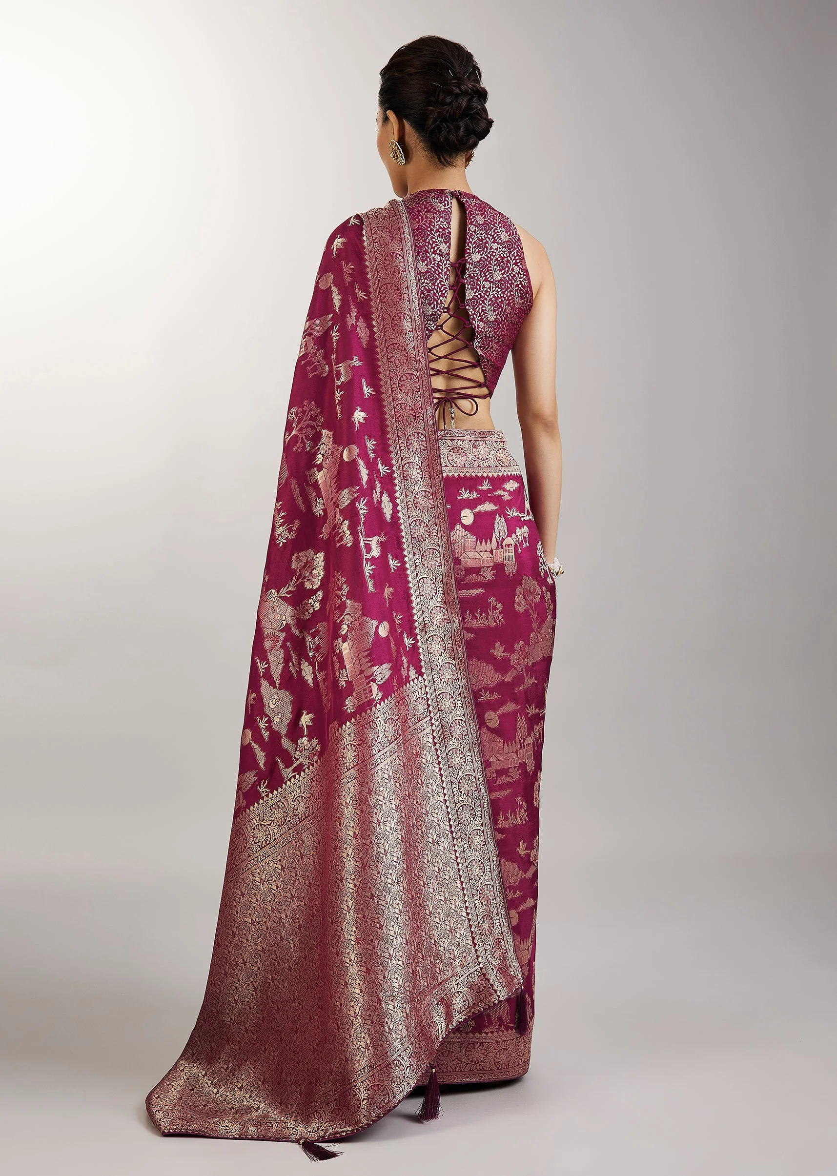 Wine Dola Silk Jungla Jaal Saree