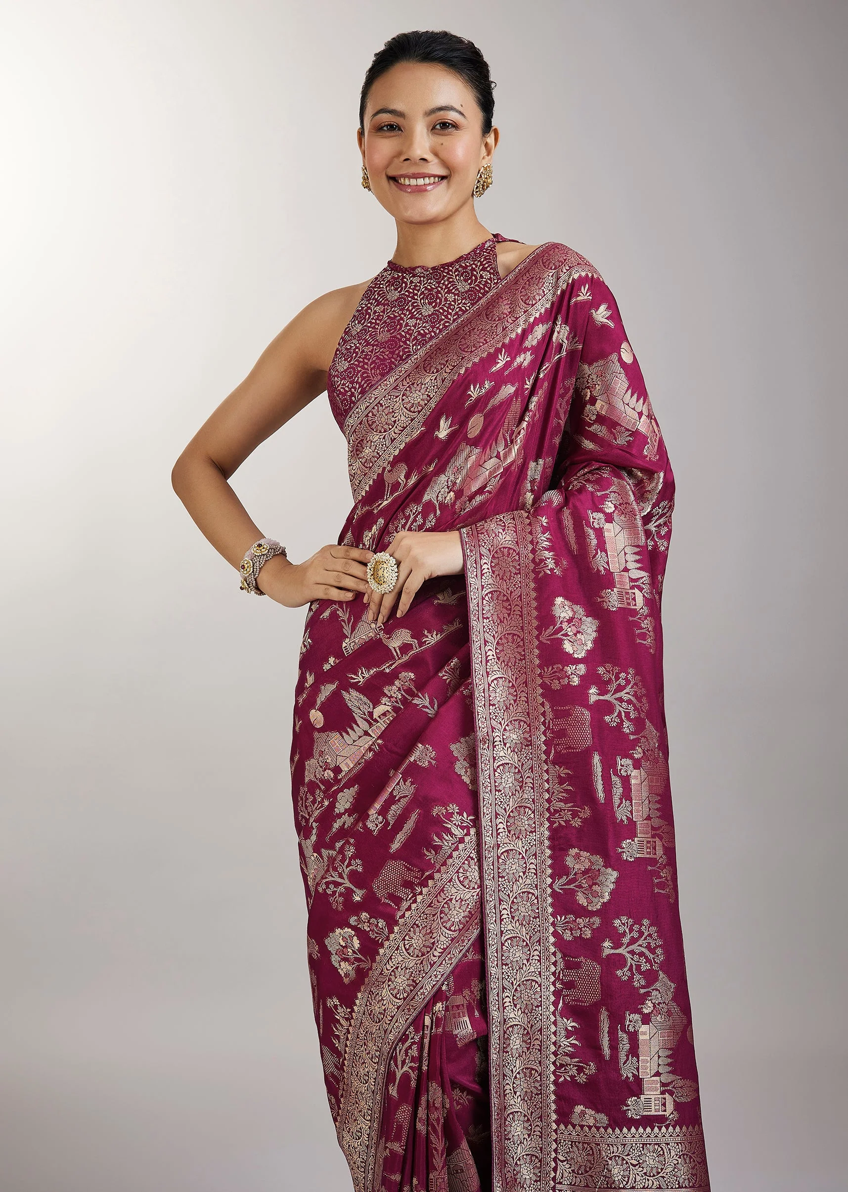 Wine Dola Silk Jungla Jaal Saree