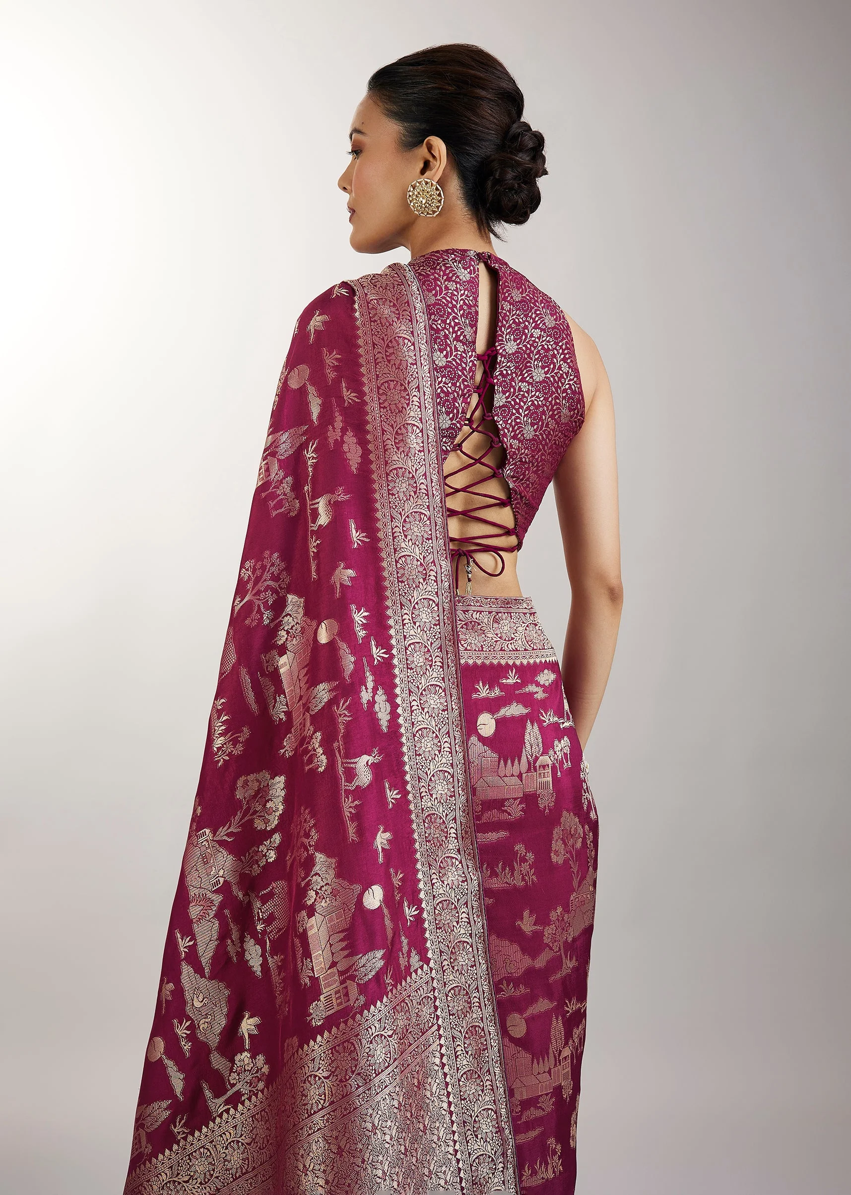 Wine Dola Silk Jungla Jaal Saree