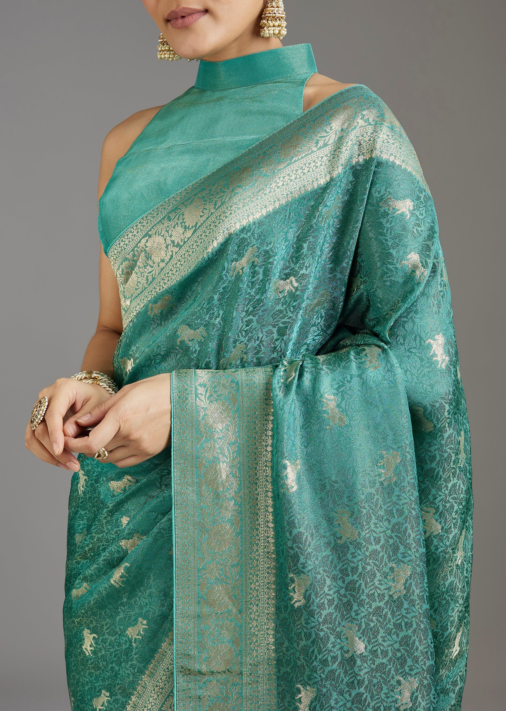 Teal Blue Jacquard Dola Silk Saree