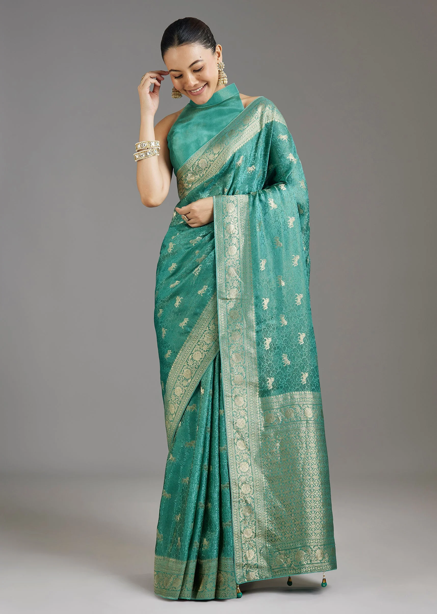 Teal Blue Jacquard Dola Silk Saree