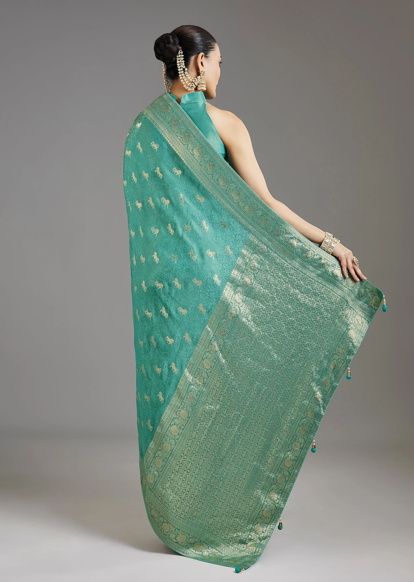 Teal Blue Jacquard Dola Silk Saree