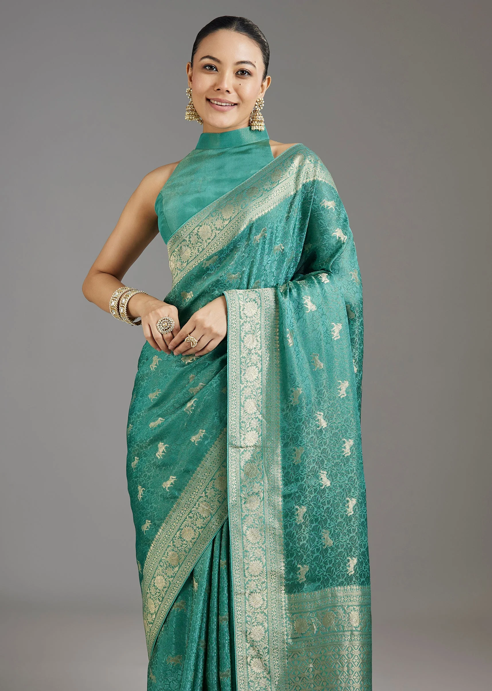Teal Blue Jacquard Dola Silk Saree
