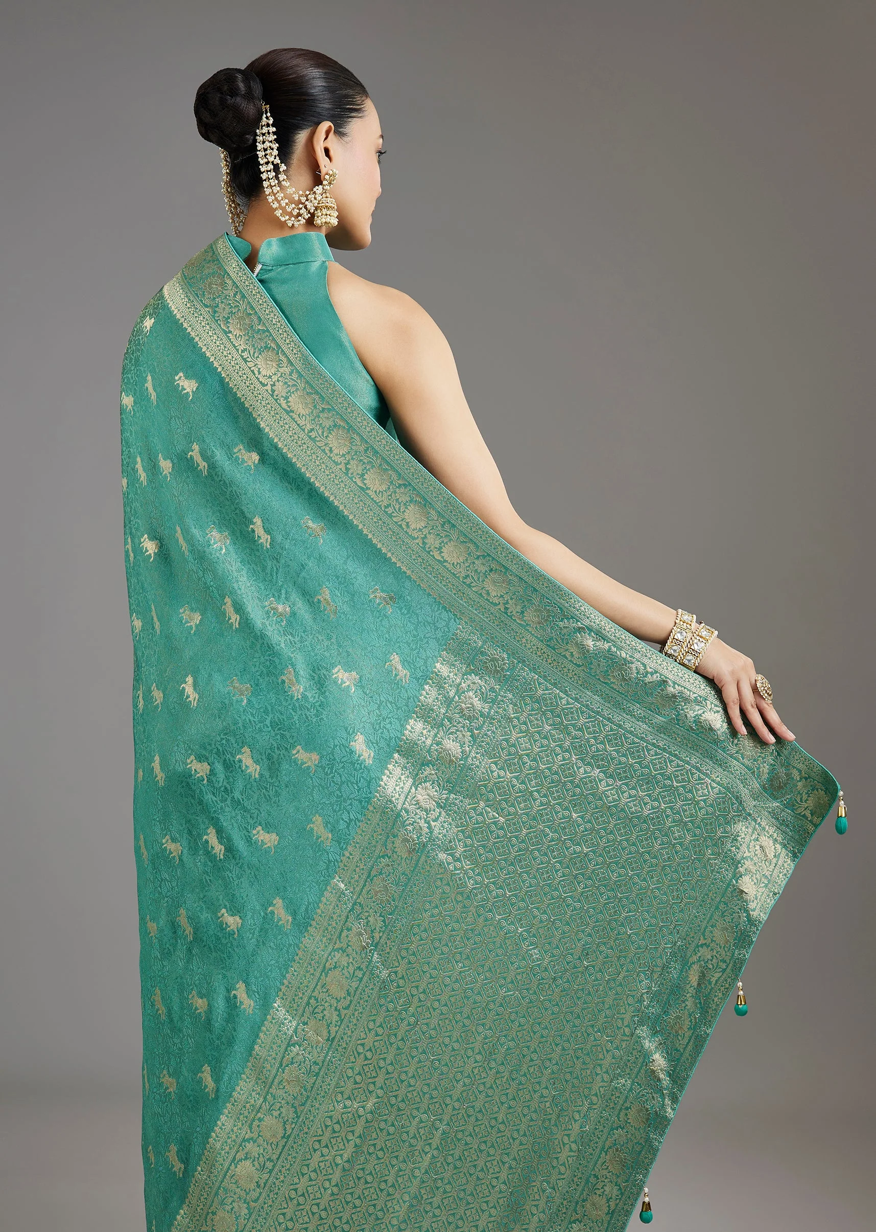 Teal Blue Jacquard Dola Silk Saree
