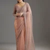 Peach Sequins Embellished Net Saree With Full Sleeves Blouse