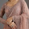Peach Sequins Embellished Net Saree With Full Sleeves Blouse