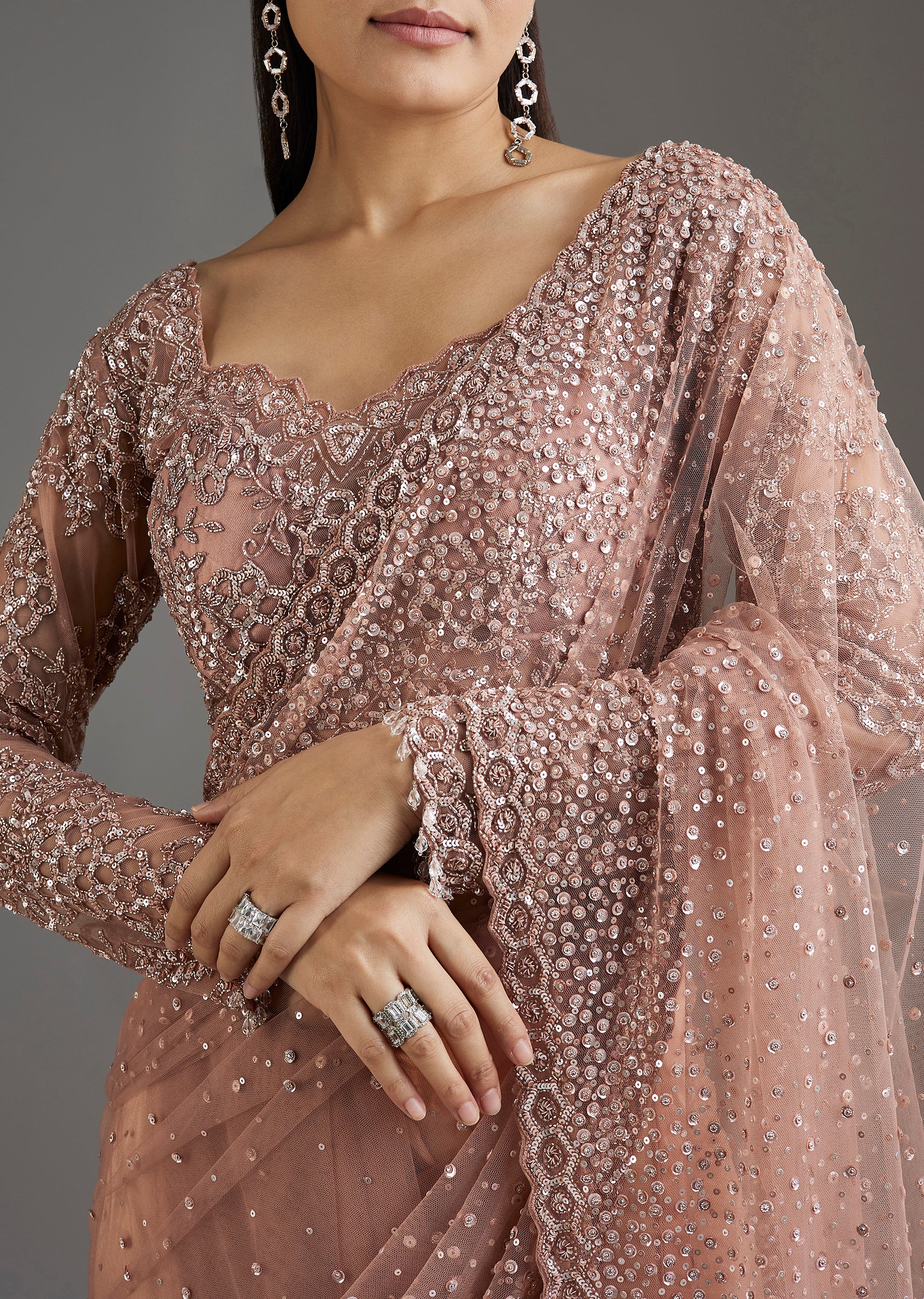 Peach Sequins Embellished Net Saree With Full Sleeves Blouse