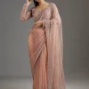Peach Sequins Embellished Net Saree With Full Sleeves Blouse