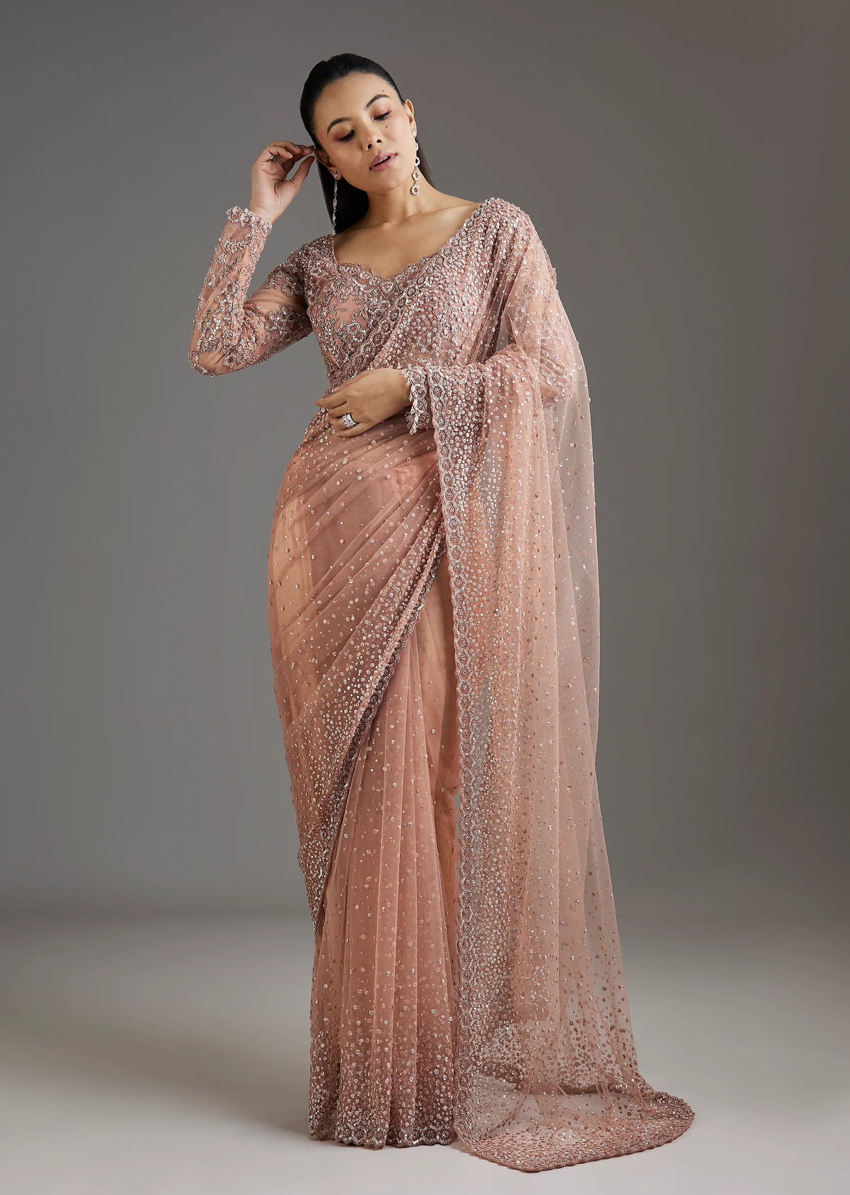 Peach Sequins Embellished Net Saree With Full Sleeves Blouse