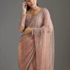 Peach Sequins Embellished Net Saree With Full Sleeves Blouse