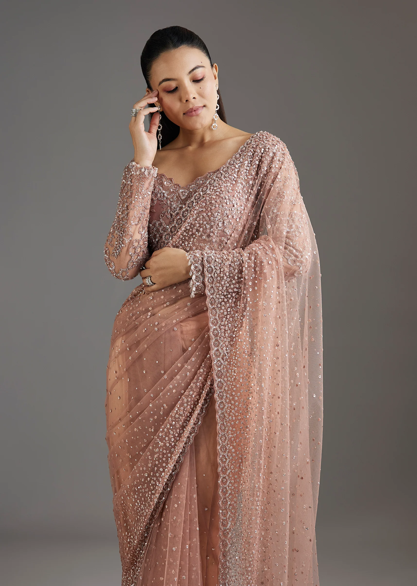 Peach Sequins Embellished Net Saree With Full Sleeves Blouse