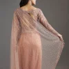 Peach Sequins Embellished Net Saree With Full Sleeves Blouse