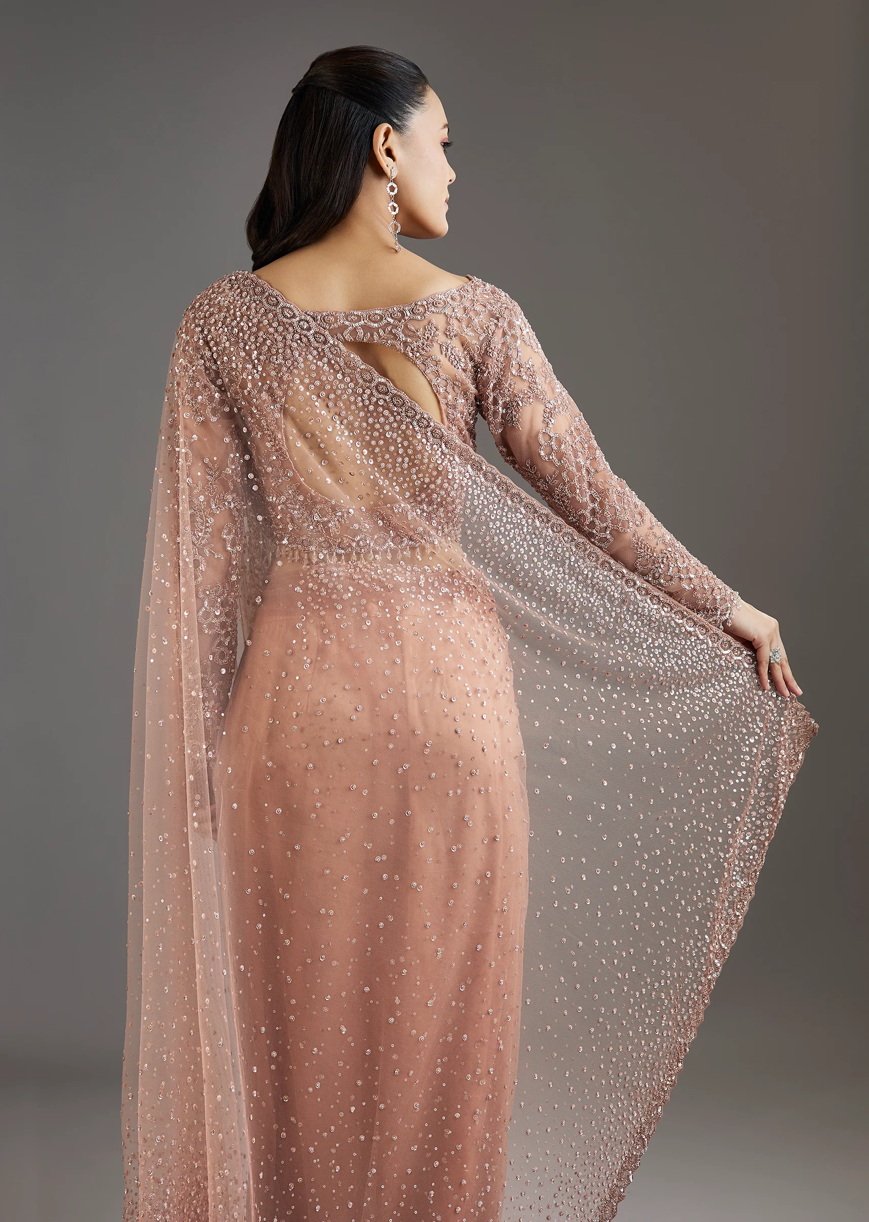 Peach Sequins Embellished Net Saree With Full Sleeves Blouse