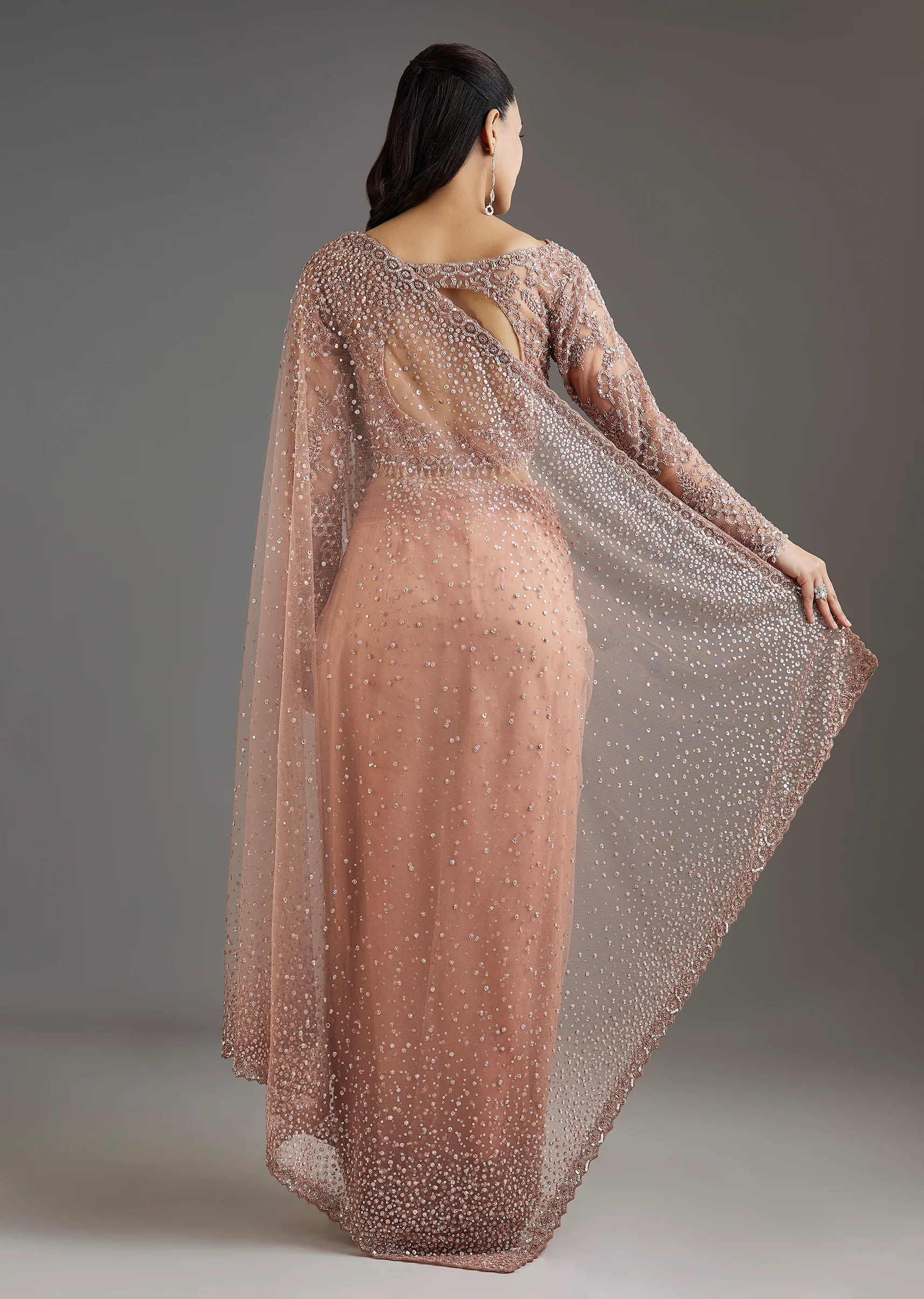 Peach Sequins Embellished Net Saree With Full Sleeves Blouse
