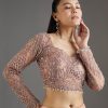 Peach Sequins Embellished Net Saree With Full Sleeves Blouse