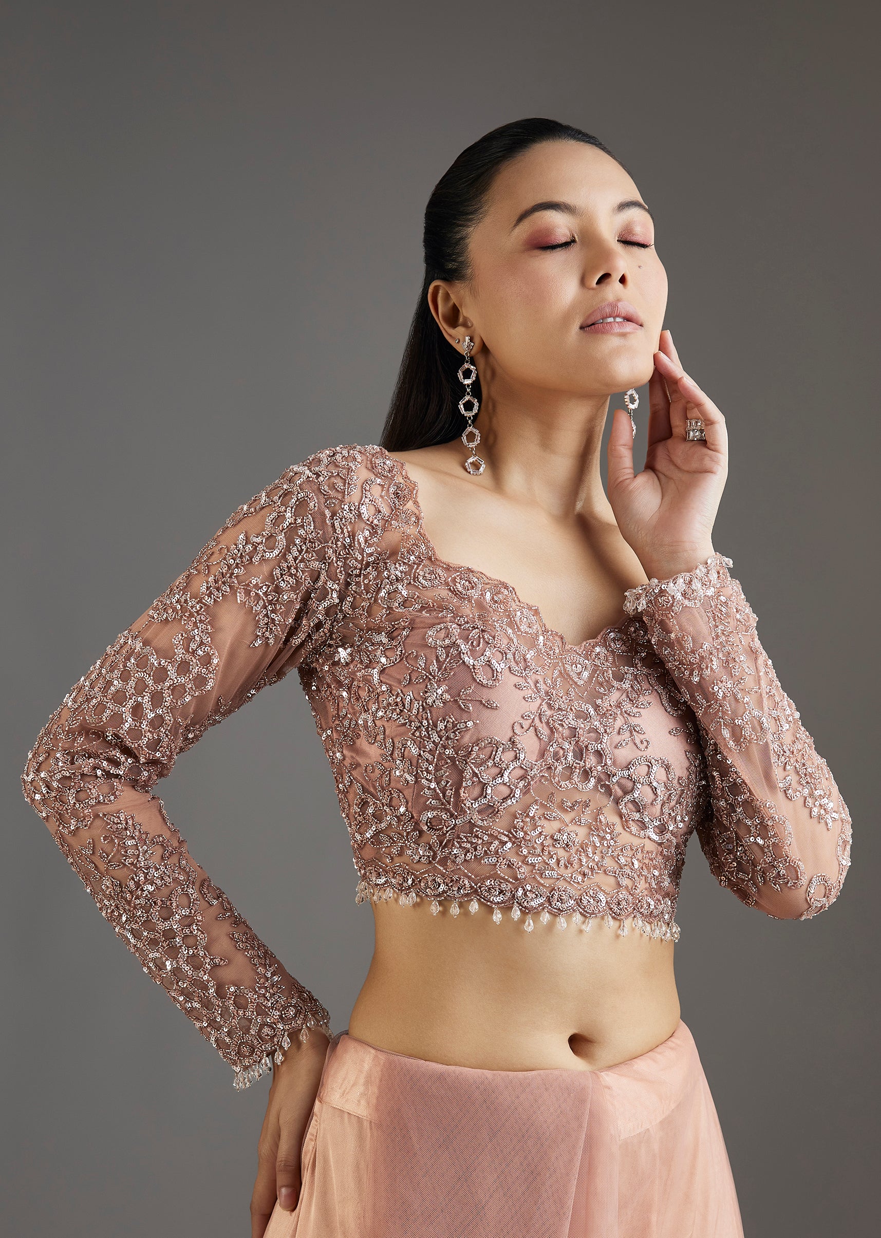 Peach Sequins Embellished Net Saree With Full Sleeves Blouse