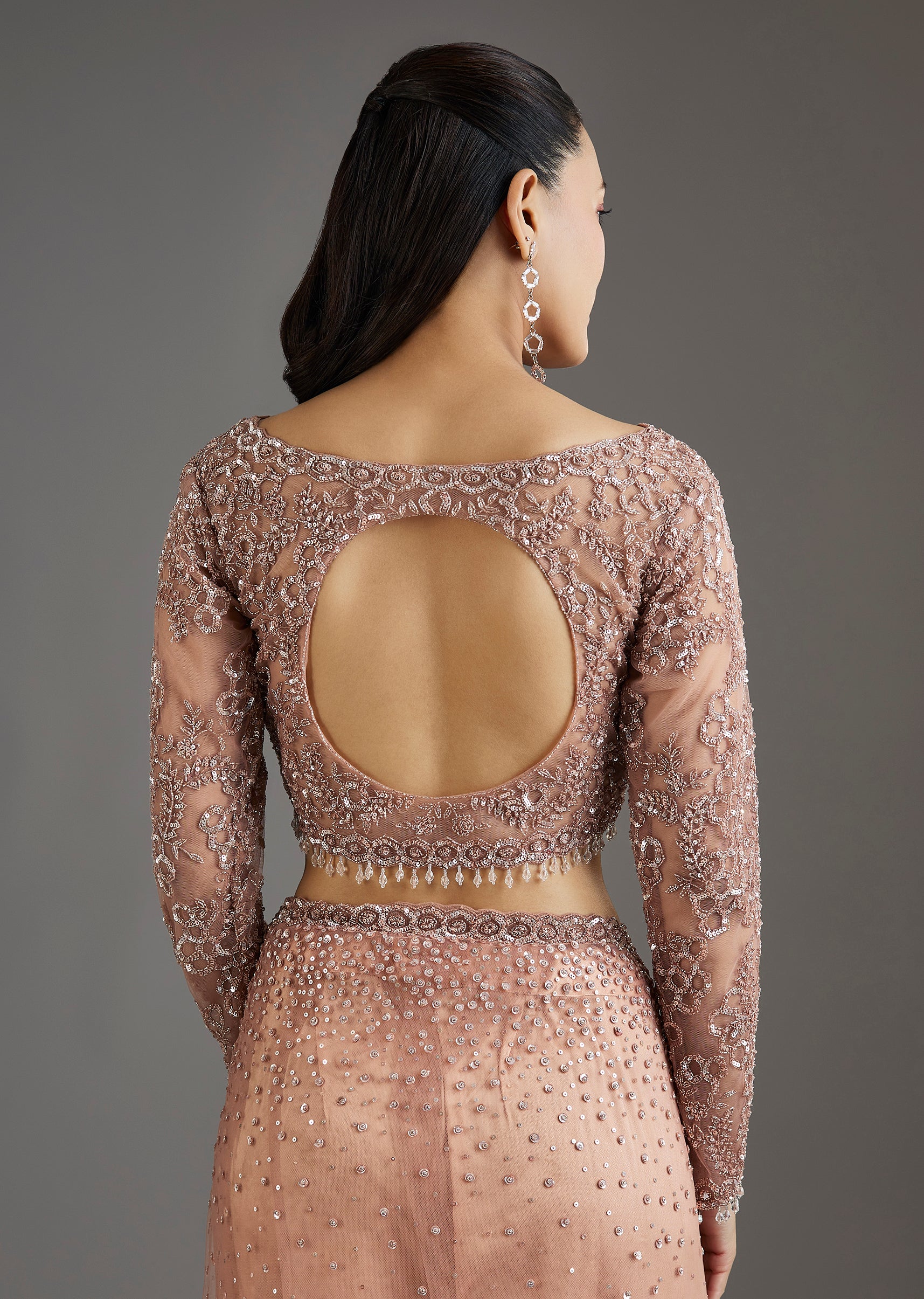 Peach Sequins Embellished Net Saree With Full Sleeves Blouse