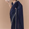 Navy Blue Chinon Embroidered Border Saree with Blouse Fabric