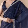 Navy Blue Chinon Embroidered Border Saree with Blouse Fabric