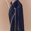Navy Blue Chinon Embroidered Border Saree with Blouse Fabric
