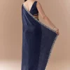 Navy Blue Chinon Embroidered Border Saree with Blouse Fabric