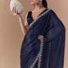 Navy Blue Chinon Embroidered Border Saree with Blouse Fabric