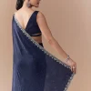 Navy Blue Chinon Embroidered Border Saree with Blouse Fabric